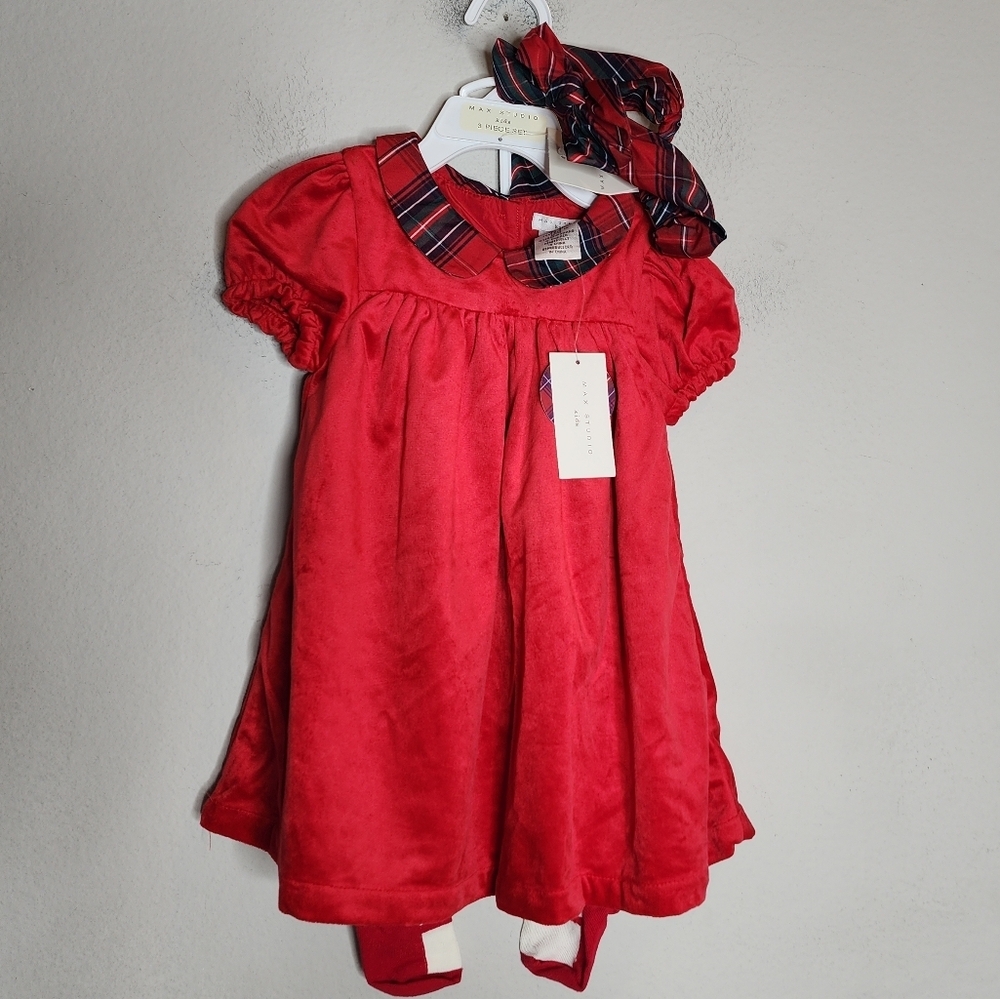 NWT Max Studio Kids 3 Piece Set Velvet Red Dress Tights Bow Plaid Size‎ 18